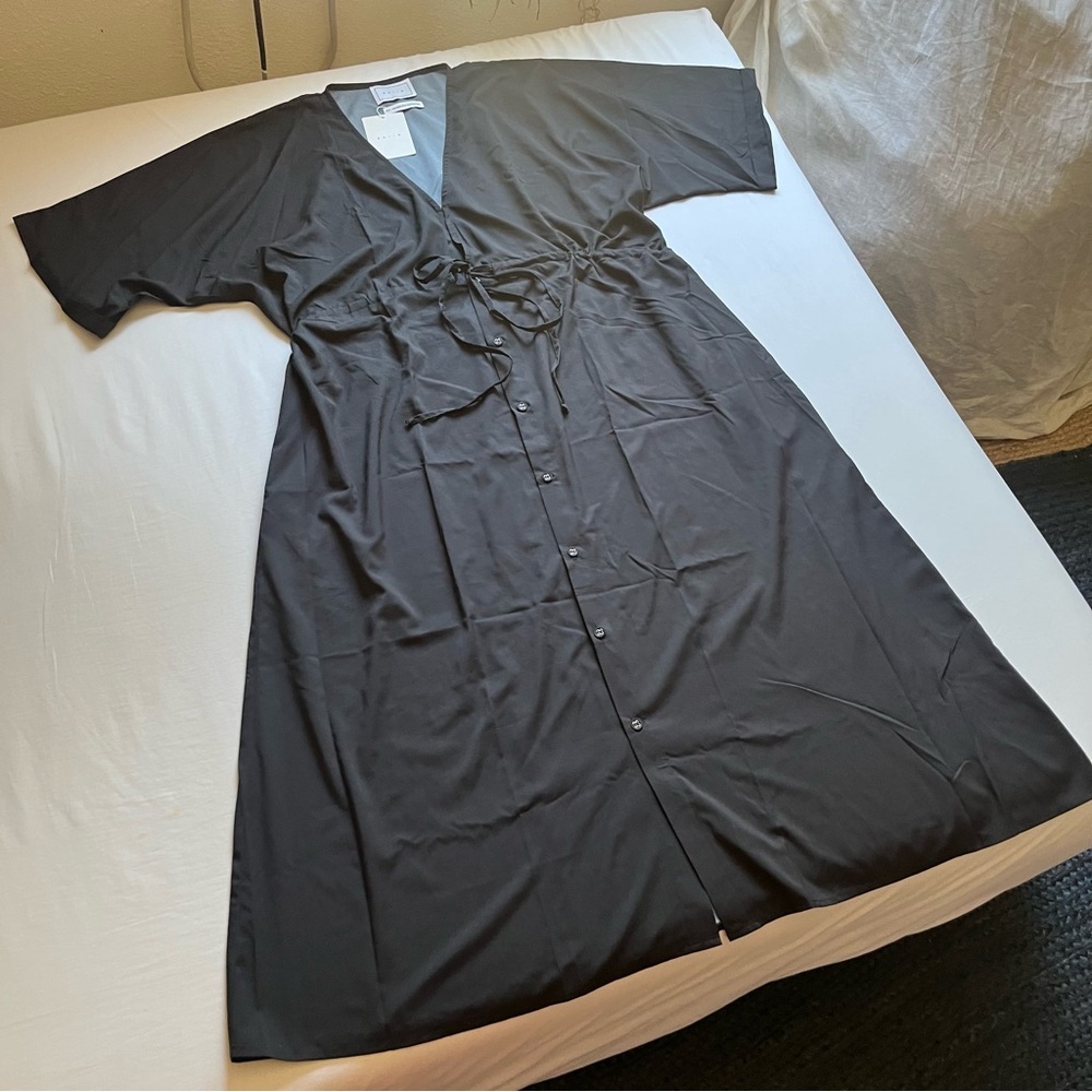 NWT BAIIA black button up‎ short sleeve belted tie waist beach resort midi dress